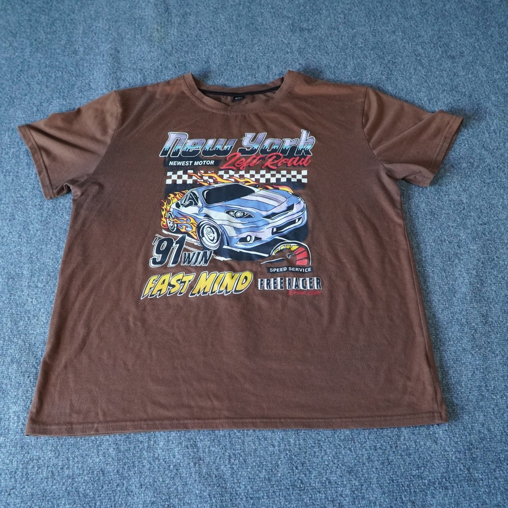 ROMWE Mens XL Brown Graphic T Shirt Fast Mind Free‎ Racer Car Print Short Sleeve